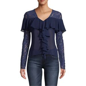 Nicole Miller Atelier Navy Blue Silk Blouse size Small Lace Trim Long Sleeves